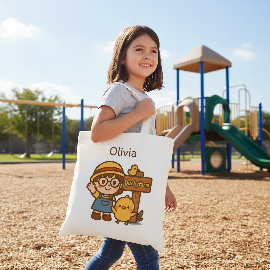 Tote bag with cartoon character and duck, customizable text area on a white background
